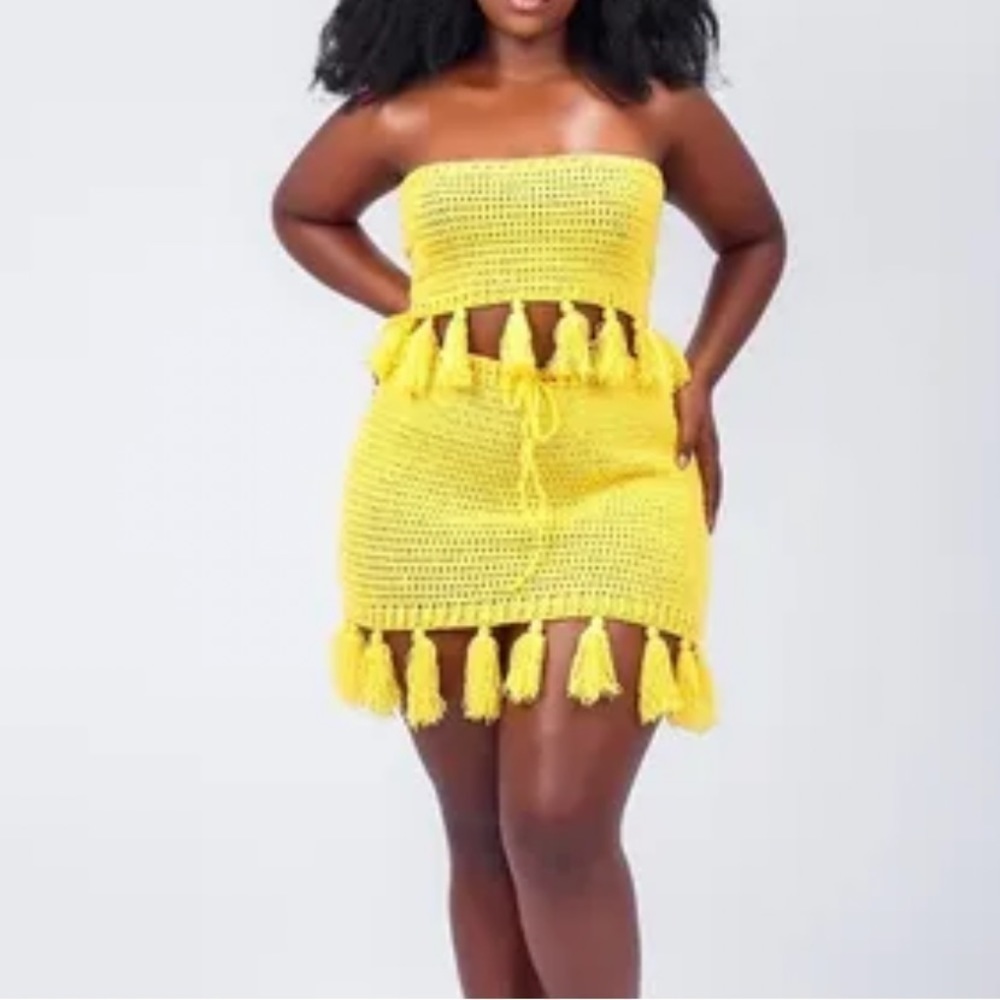 Elexiay 2pc yellow set crochet handmade skirt top - Picture 2 of 9